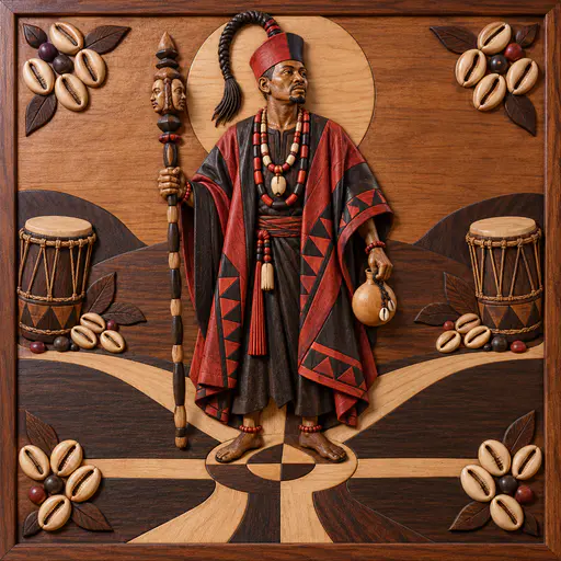 The Yoruba orisha Eshu, with a braided hair plume, a staff, a gourd and a cap half red and half black, stands at a four-way crossroads with a drum and cowrie shells in inlaid wood.