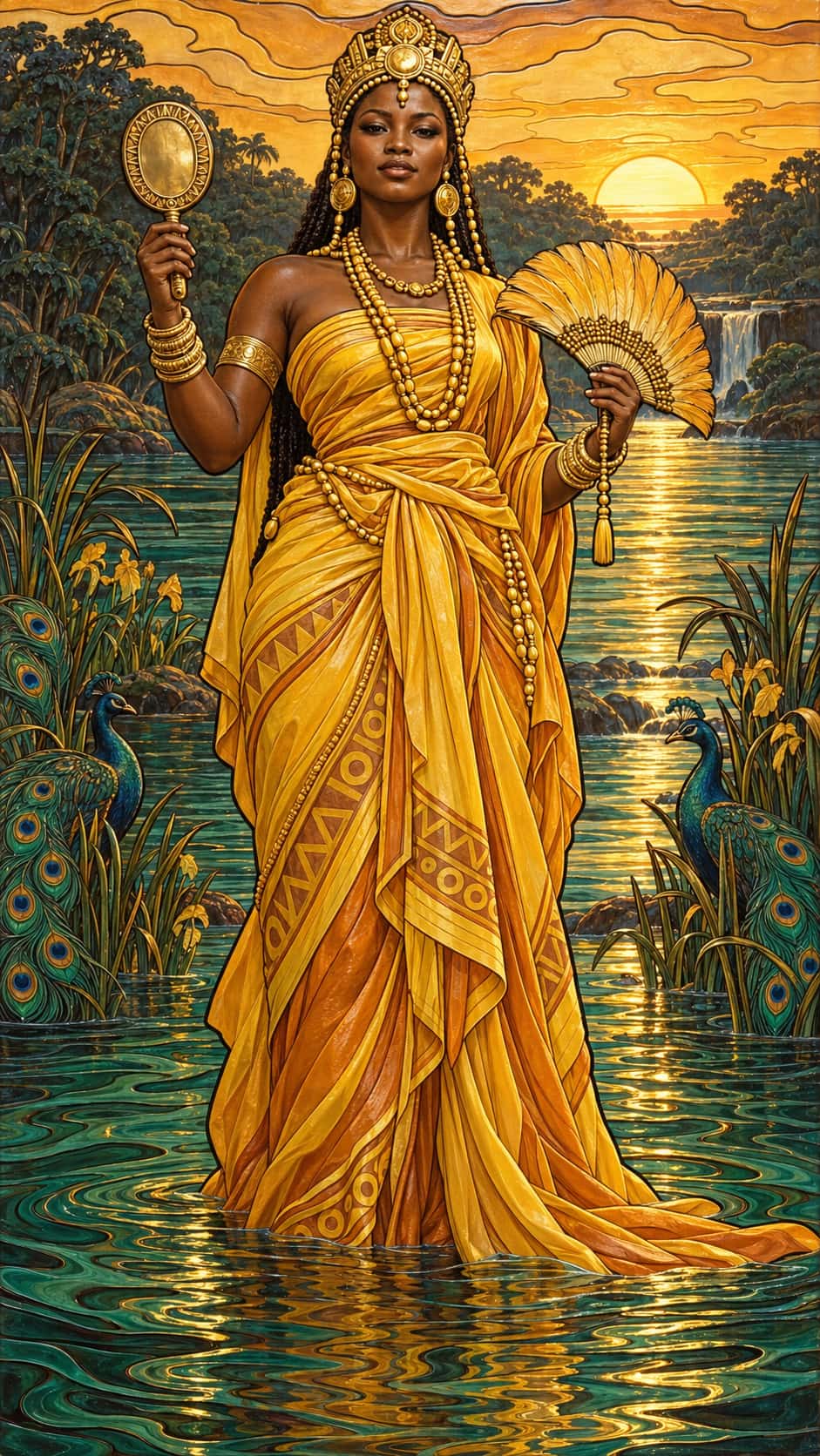 The Yoruba orisha Oshun, a regal woman in an amber wrap with brass bangles and a crown, holds a mirror and a fan standing in a golden river at dawn in cut lacquer.