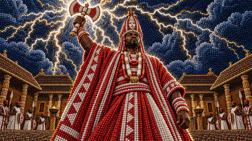 The Yoruba orisha Shango, crowned in a red and white beaded robe, raises a double headed axe under a stormy sky split by lightning above a royal palace compound in colourful beads.