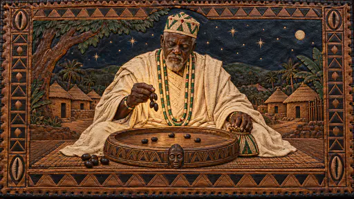 The Yoruba orisha Orunmila, a dignified elder in a white robe and a beaded cap, sits at a carved divination tray with palm nuts under a starry sky above a village in tooled leather.