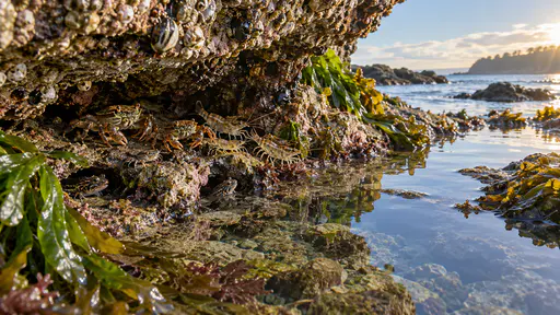 A small group of young crabs and juvenile shrimp cluster in the shade under an overhanging barnacled rock ledge with tiny blennies tucked in the cracks below and green seaweed trailing in a clear still tidal rock pool.