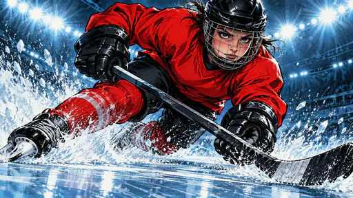 A young ice hockey player in a caged black helmet and a red jersey crouches low mid stride with the stick across the ice, spraying a plume of ice shards.