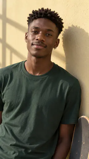 A young man with a short coily twist-out, faded sides and two small silver hoops in one ear, in a forest-green t-shirt leaning against a pale yellow plaster wall in golden light, a skateboard at the lower right.