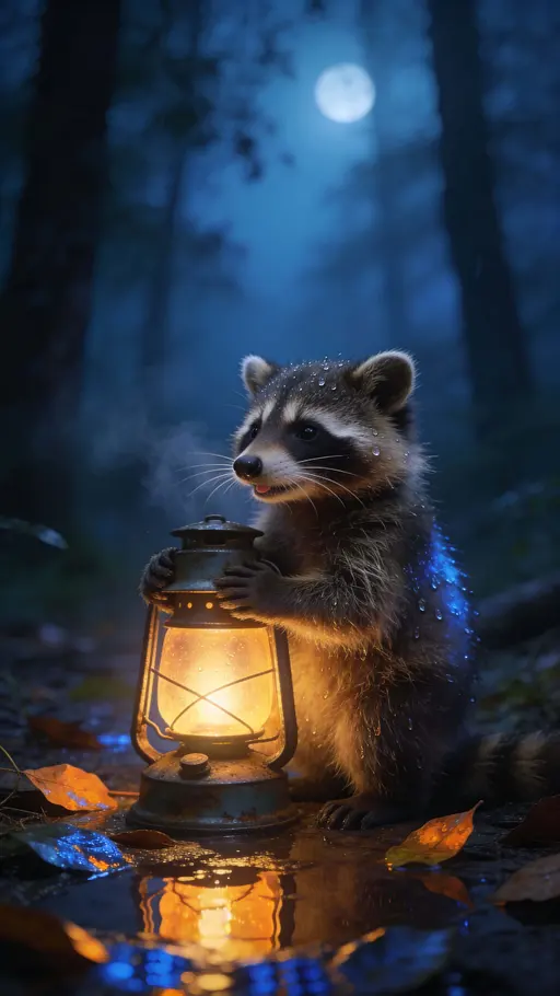 Photoreal young raccoon clutching a warm lantern in a misty blue-tinged forest at twilight, fur glowing softly and moist ground reflecting light.