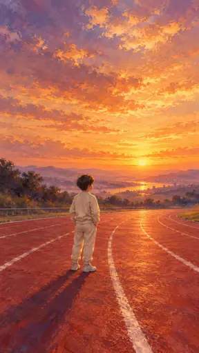 A young boy in a light tracksuit stands on a red running track with his back mostly to the viewer and looks toward a glowing sunset on the horizon.