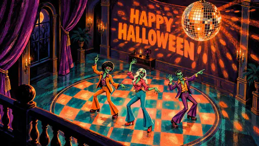 A diagonal balcony view of three green zombies in bell-bottom outfits dancing in a gouache ballroom, with purple curtains, a mirrored disco ball and orange HAPPY HALLOWEEN lettering on the back wall.